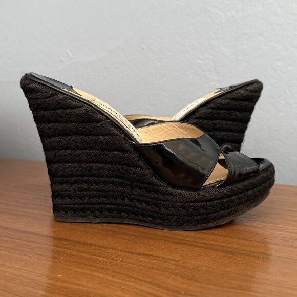 Jimmy Choo Phyllis Espadrille Wedges Mixmatch L: 37.5 / R: 37 Black Patent - Picture 5 of 12
